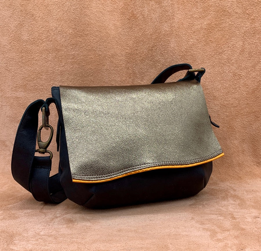 Flat Front Soft Leather Shoulder Bag in gold and black