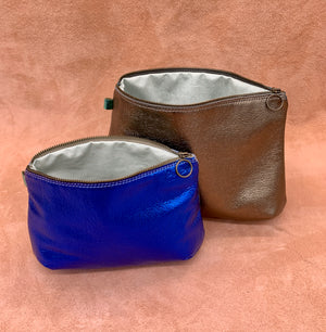 Luxury Leather Wash Bags open in electric blue and gold