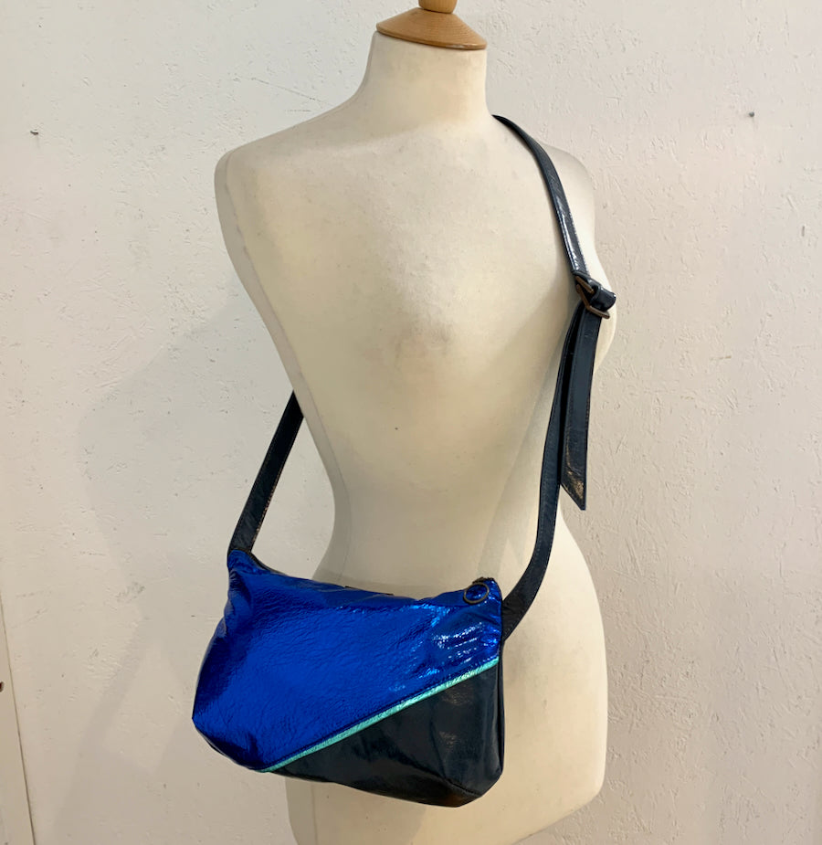 Split Front Soft Leather Crossbody Bag  in electric blue on a dummy
