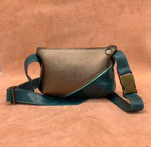 Split Front Soft Leather Belt Bag  in broze and teal