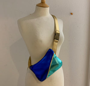Split Front Soft Leather Belt Bag   in electric blues on a mannequin