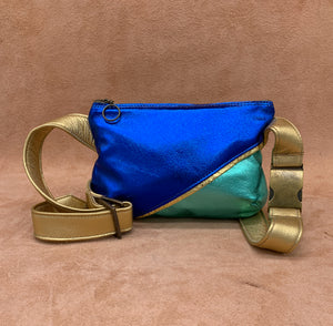 Split Front Soft Leather Belt Bag  in electric blue and gold