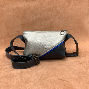 Split Front Soft Leather Belt Bag in pewter, electric blue and petrol