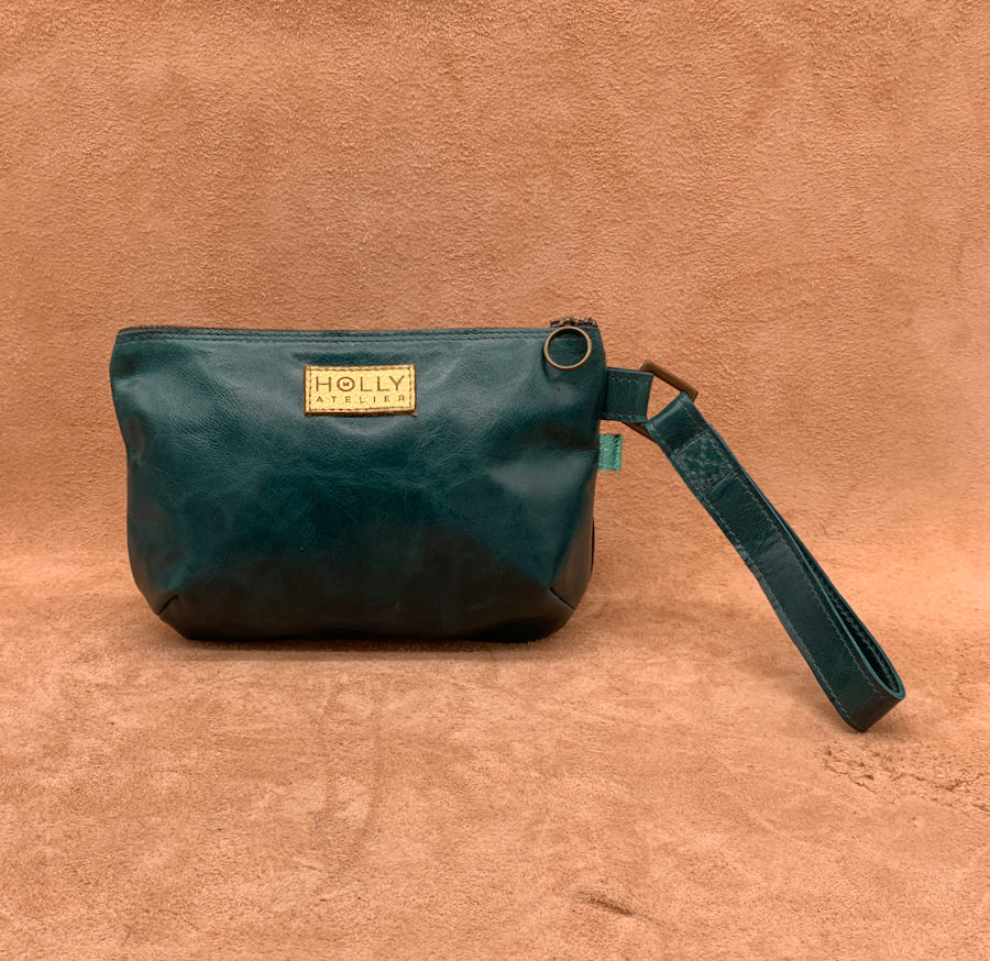 Gold and Teal Split Front Soft Leather Clutch Bag.