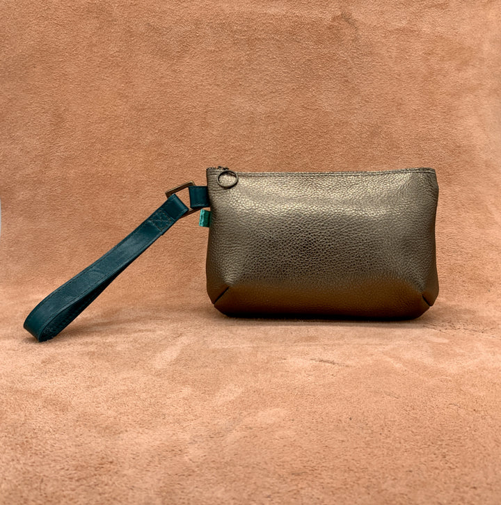 Gold and Teal Split Front Soft Leather Clutch Bag.