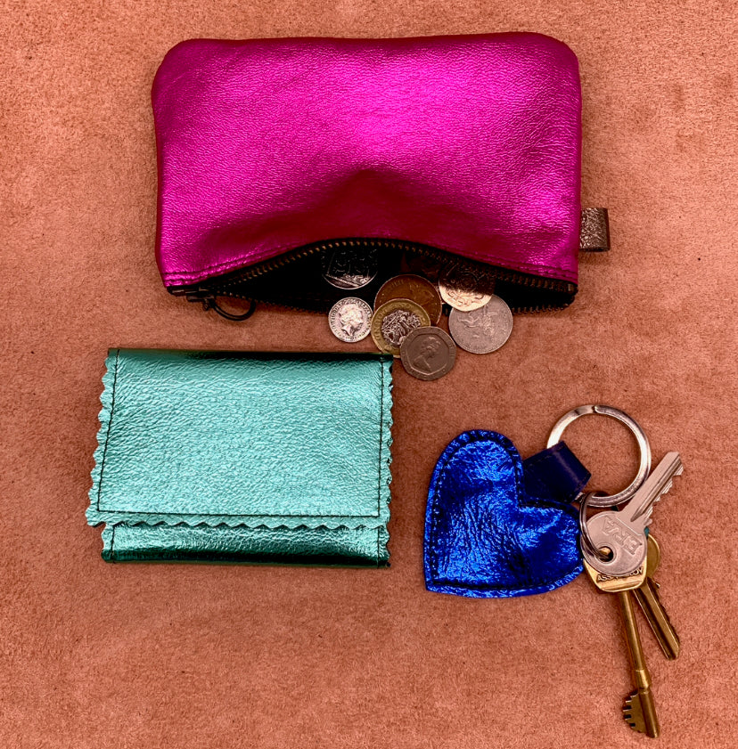 Soft leather card wallet with a coin purse and keyring