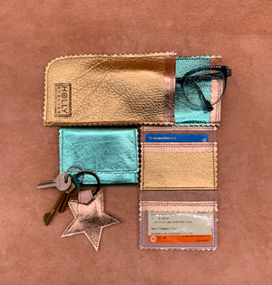 Soft leather card wallet with a glasses pouch and star keyring