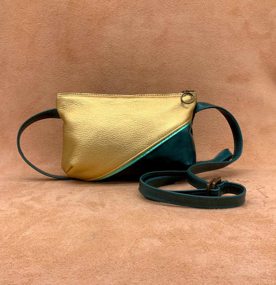 Split Front Soft Leather Crossbody Bag  in gold and teal