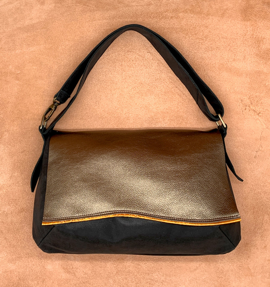 Soft Leather Shoulder Bag in gold and black