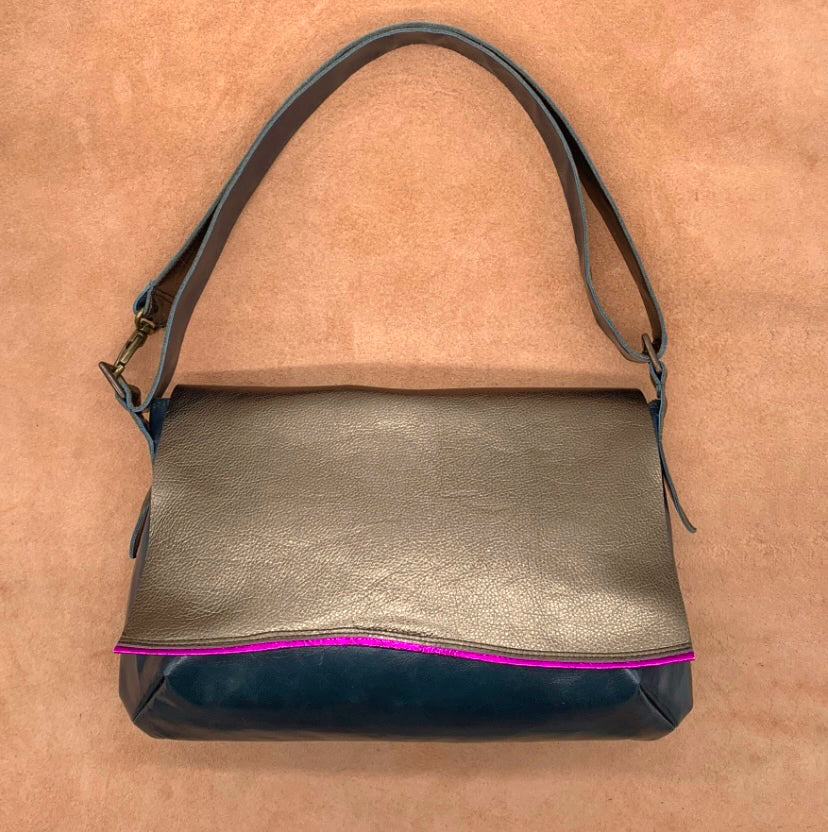 Soft Leather Shoulder Bag in gold and petrol