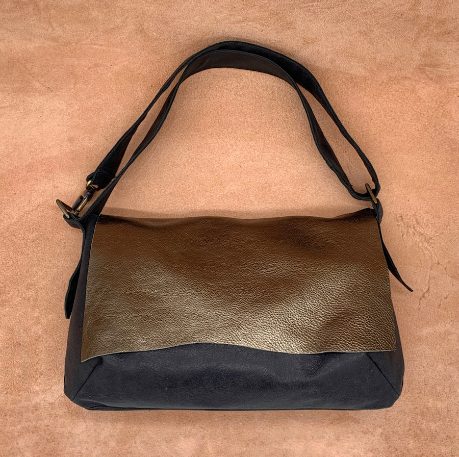 Soft Leather Shoulder Bag in gold and black