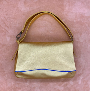 Soft Leather Shoulder Bag in gold and blue trim