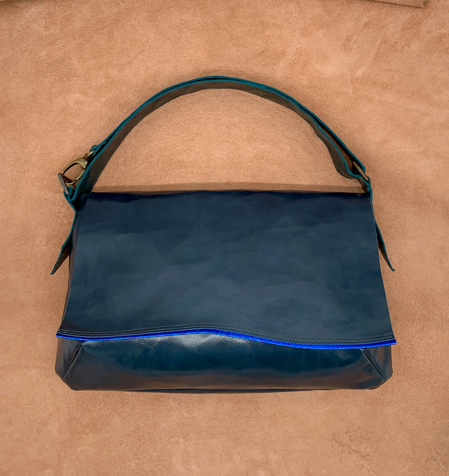 Soft Leather Shoulder Bag in teal and black