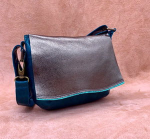 Flat Front Soft Leather Shoulder Bag in gold and teal