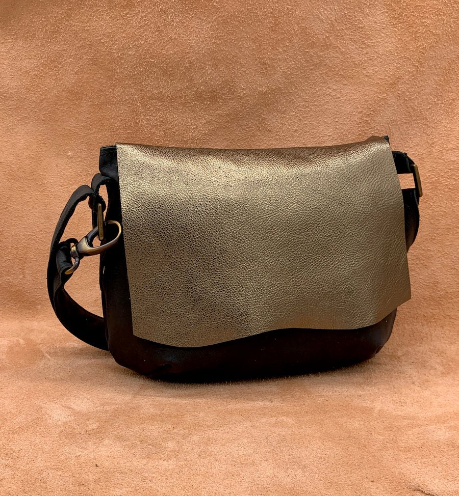 Flat Front Soft Leather Shoulder Bag in antique gold and black