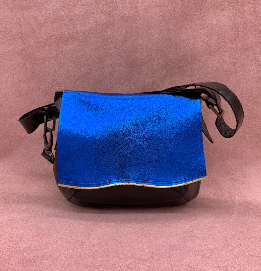 Flat Front Soft Leather Shoulder Bag in electric blue and black
