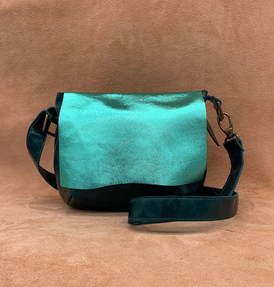 Flat Front Soft Leather Shoulder Bag  in electric turquoise
