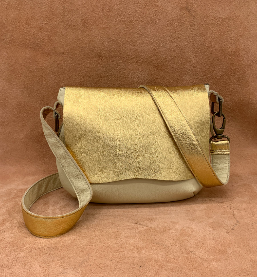 Flat Front Soft Leather Shoulder Bag  in gold and cream