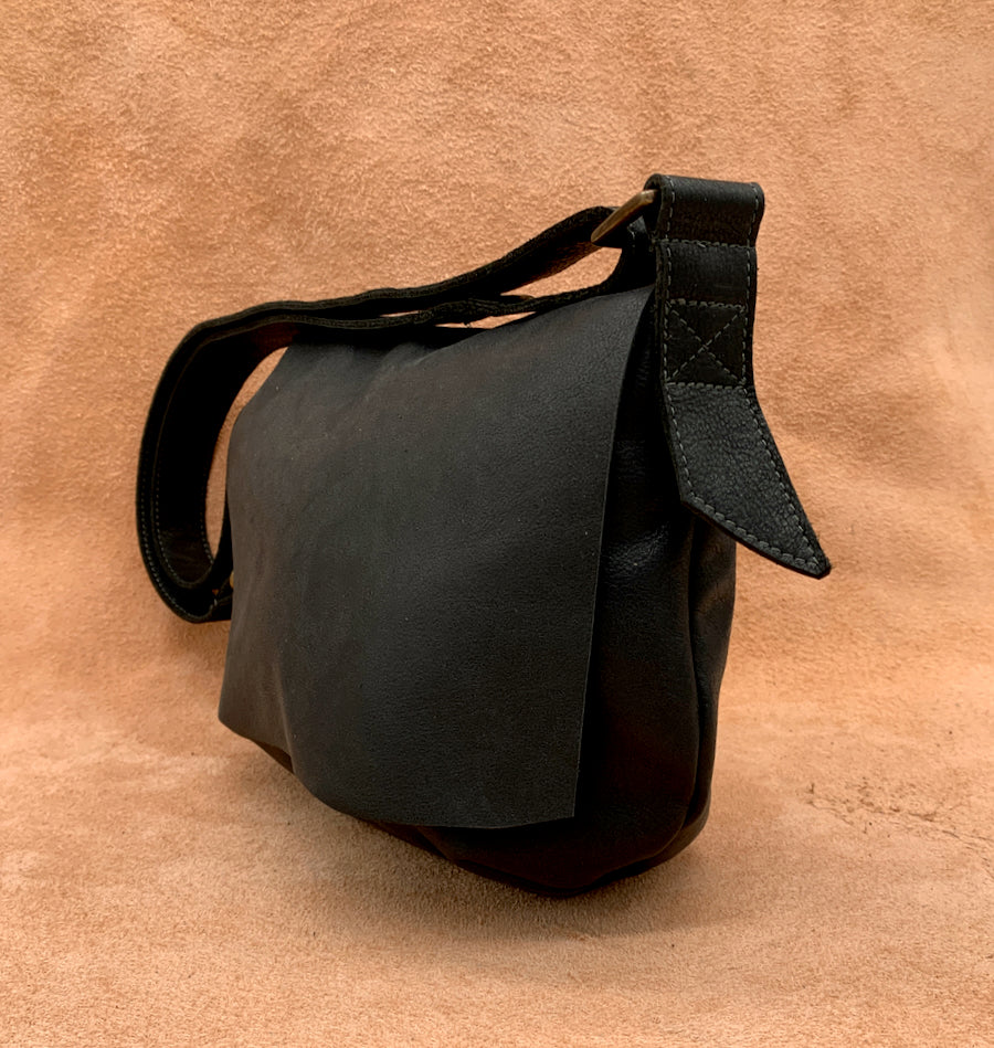 Flat Front Soft Leather Shoulder Bag in matte black