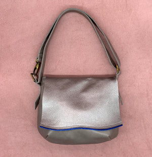 Flat Front Soft Leather Shoulder Bag in pewter leather