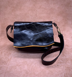 Flat Front Soft Leather Shoulder Bag in shiny black