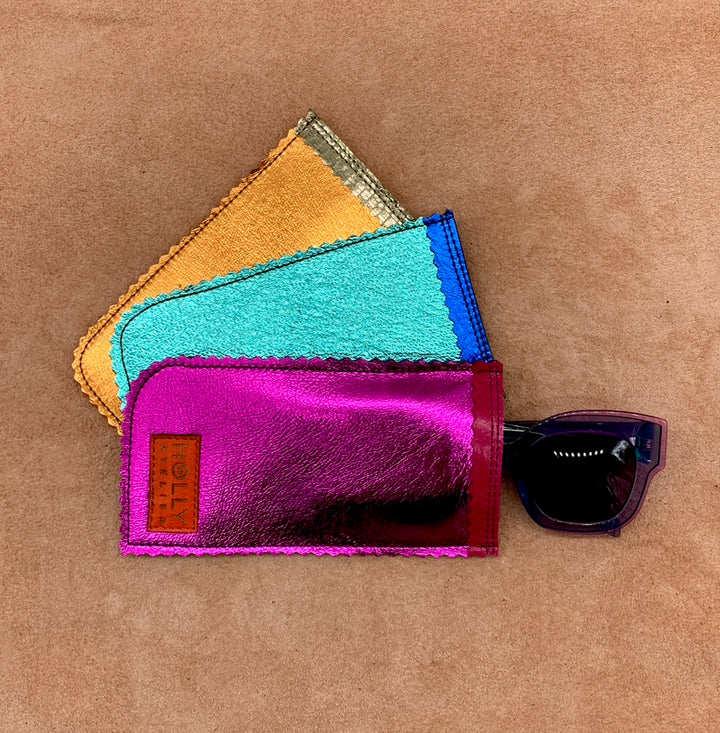 Glasses pouches in electric orange, pink and turquoise