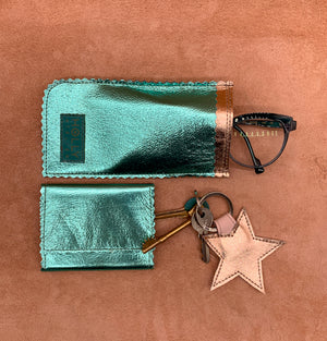 Glasses pouches in electric turquoise with card wallet and keyring.