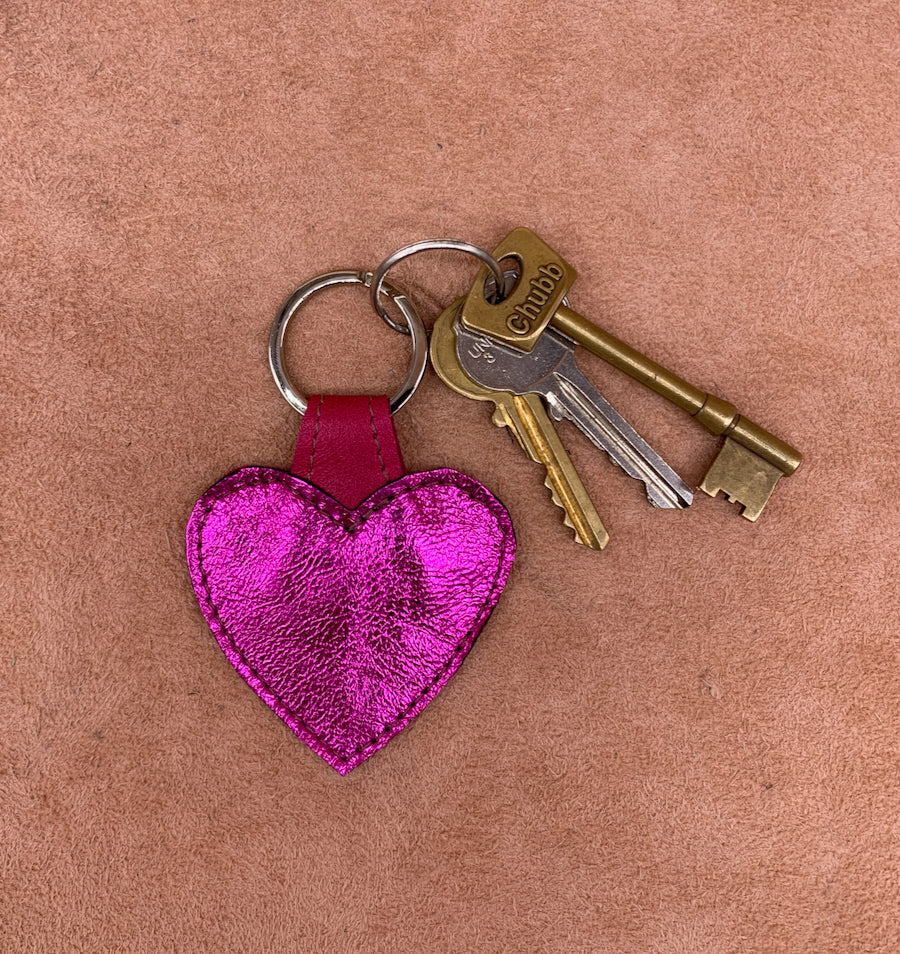 Leather heart keyring in electric pink