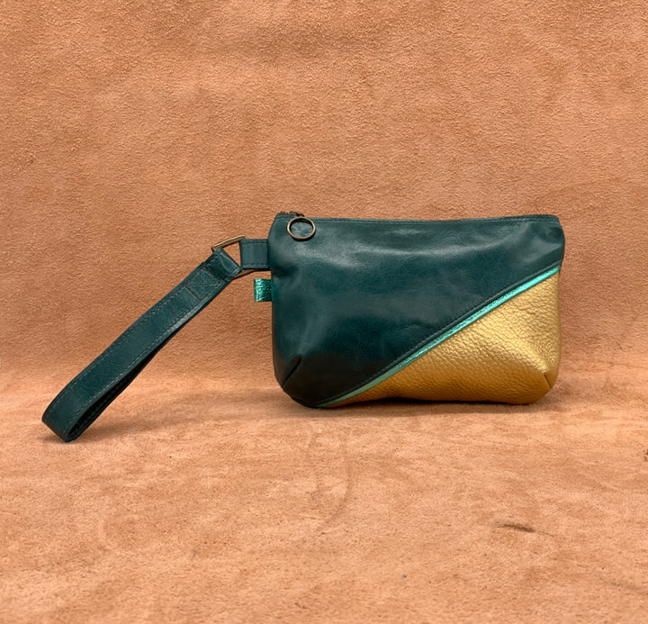 Split Front Soft Leather Clutch Bag in teal and gold