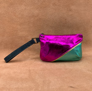Split Front Soft Leather Clutch Bag in electric pink and turquoise