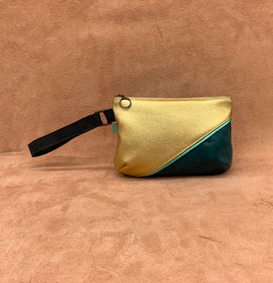 Split Front Soft Leather Clutch Bag in gold and teal