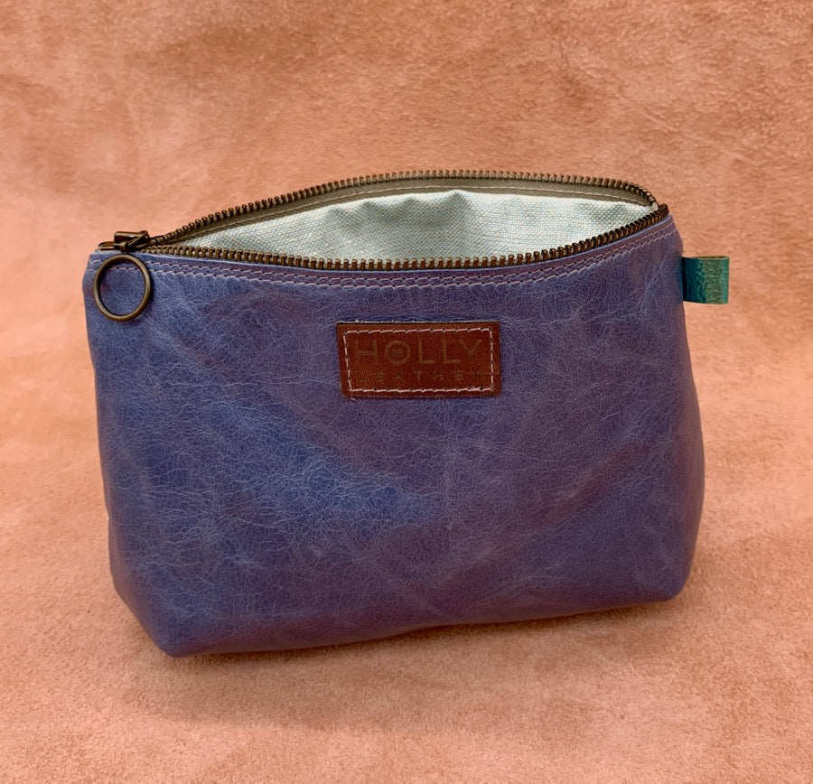 Luxury Leather Wash Bag in mid blue