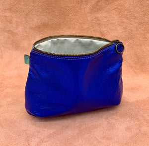 Leather wash bag in electric blue