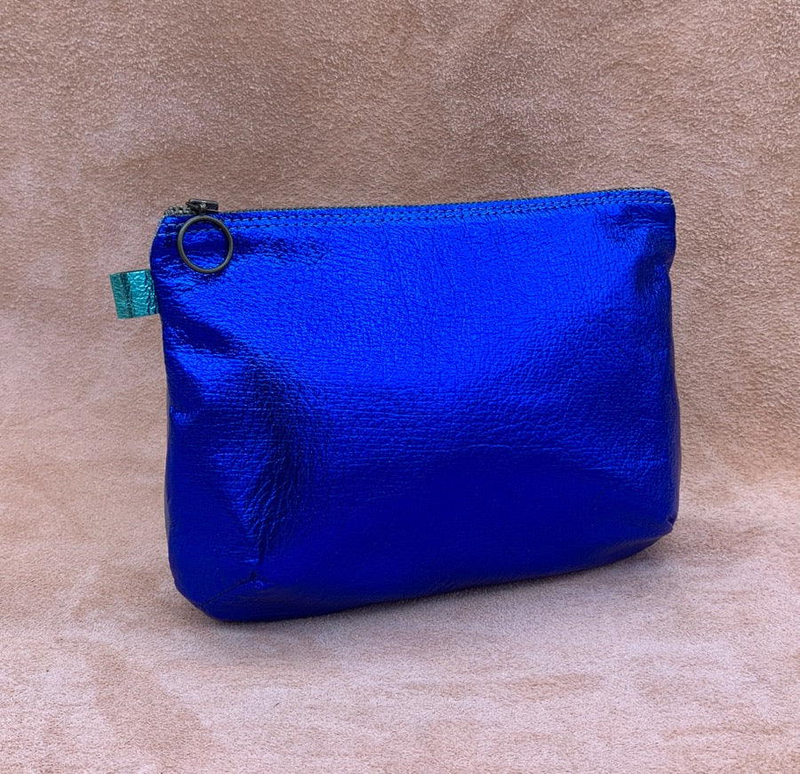 Luxury Leather Wash Bag in electric blue